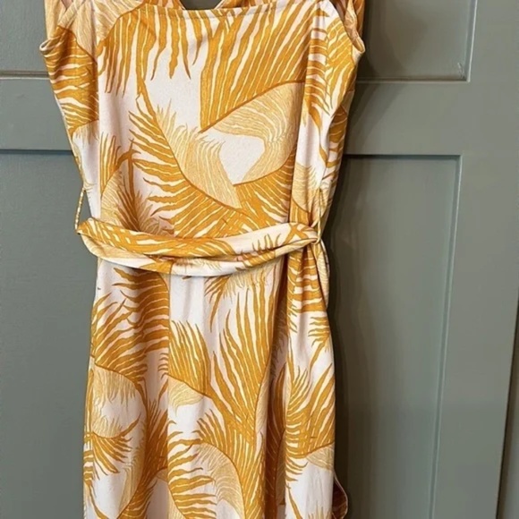 Shona Joy Phoenix Midi Slip Dress in Yellow/ Stone Belted Feather Print Size 6 - Picture 11 of 13
